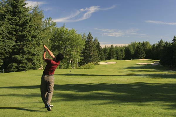 A man golfing in a verdant setting